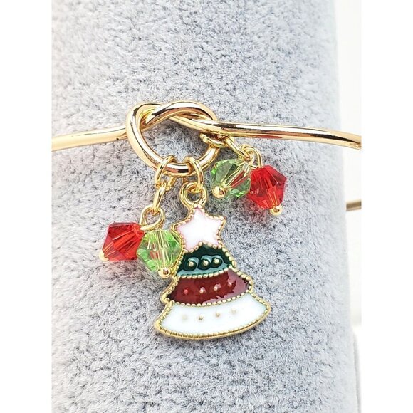 Christmas Tree Charm Gold Tone Cuff Bangle Adjustable Bracelet - Picture 2 of 3